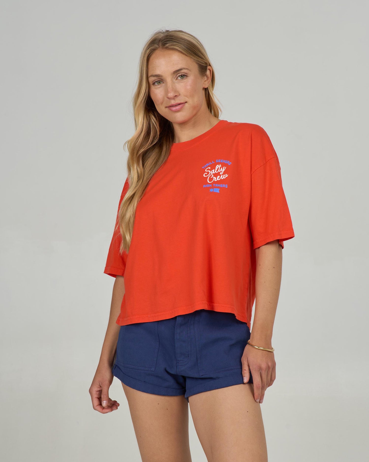 Front view of the Salty Skimmer Tee - Chili Pepper. 
