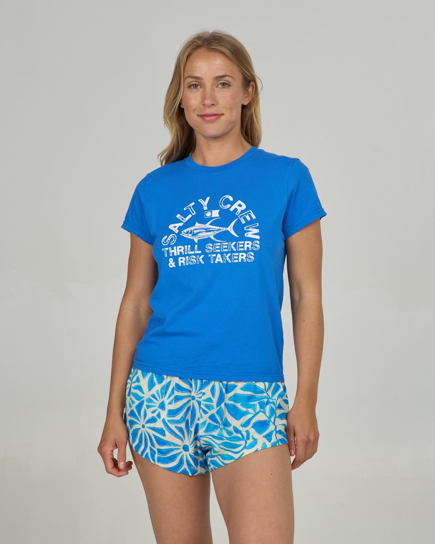 Front view of the Stamped Modern Tee - Bold Blue. 