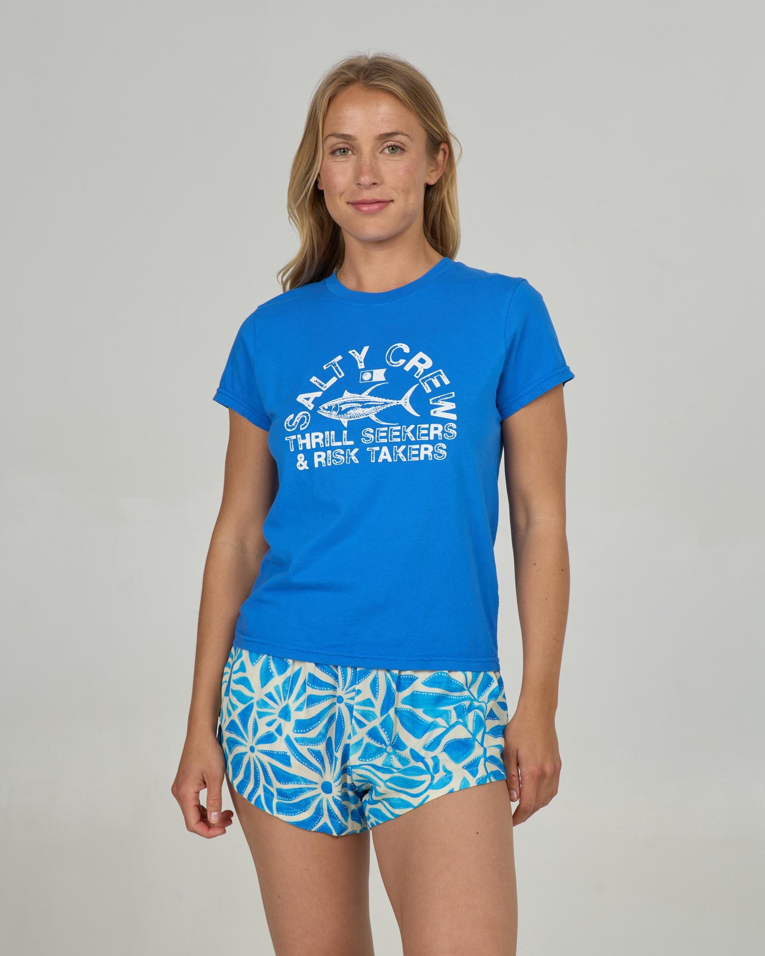 Front view of the Stamped Modern Tee - Bold Blue. 