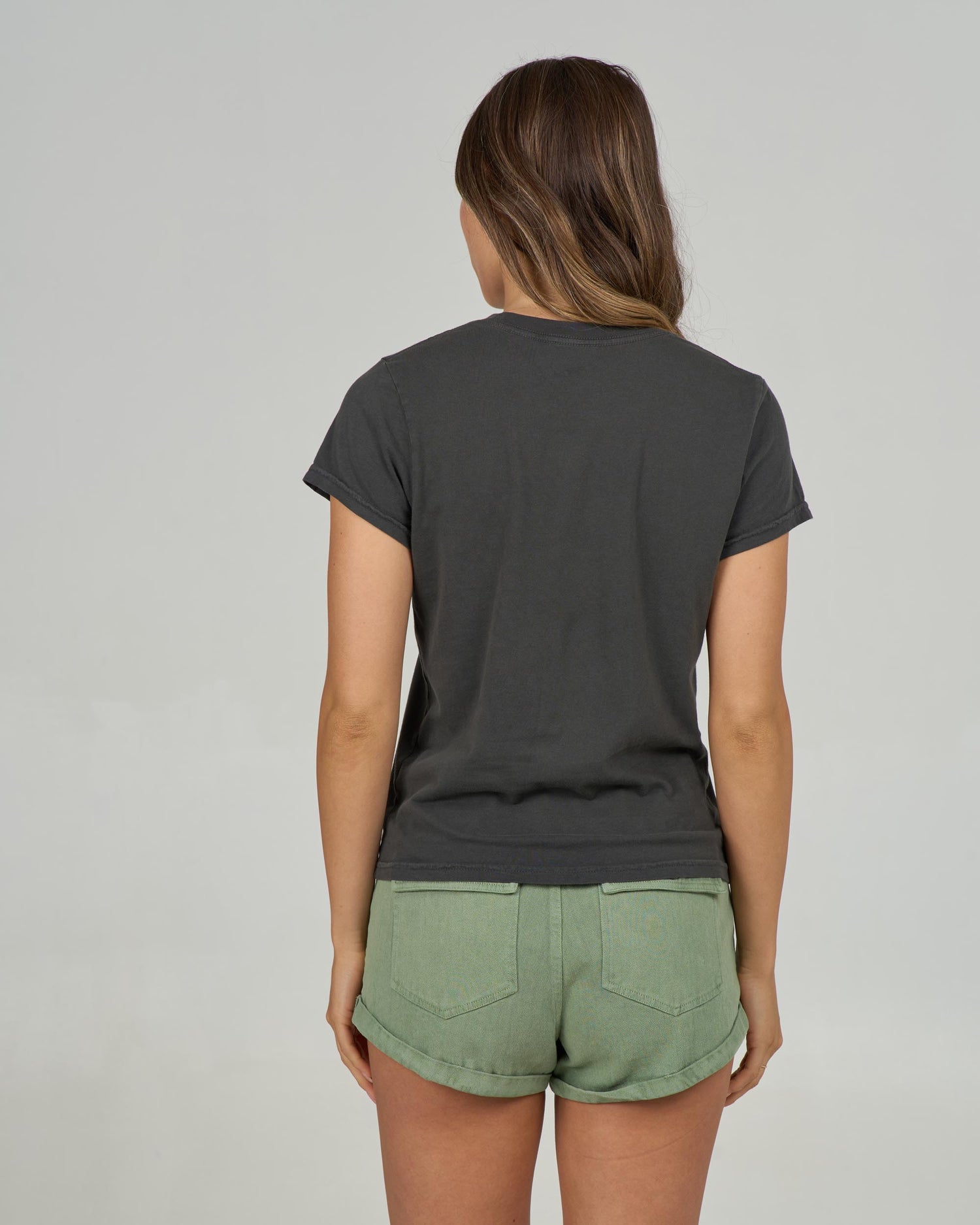 Back view of the Stamped Modern Tee - Charcoal. 