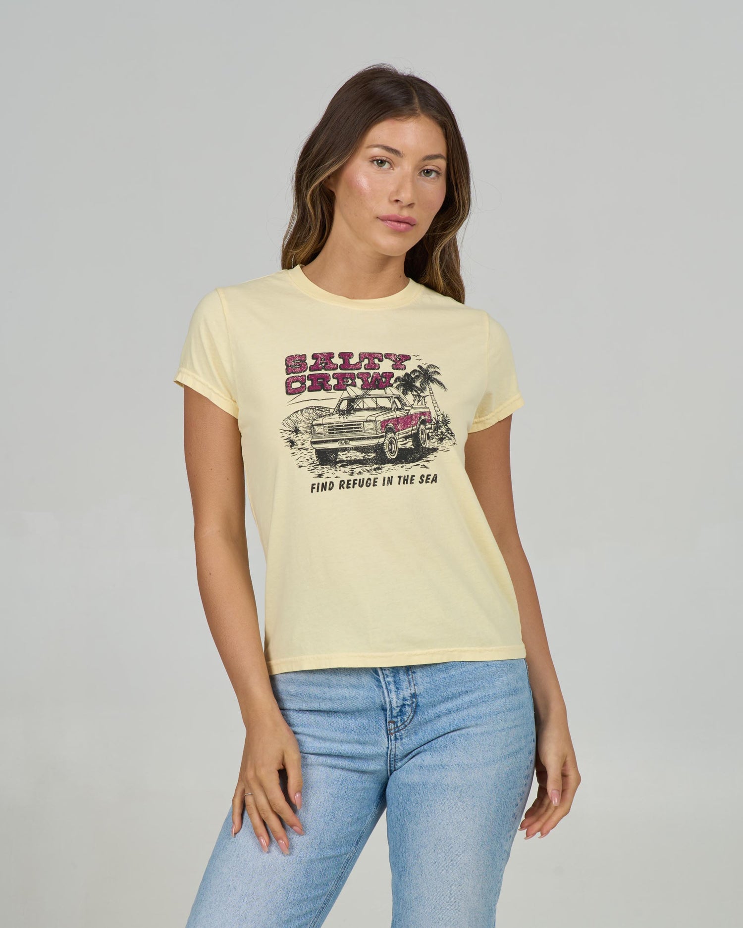 Front view of the Truck Stop Modern Tee - Sunshine. 