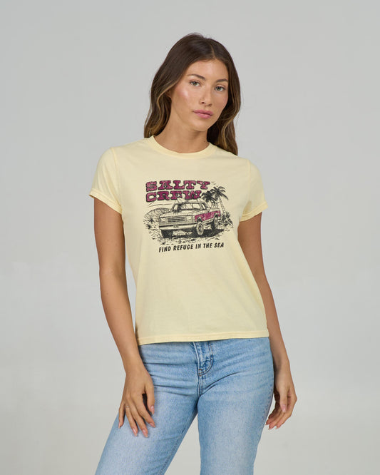 Front view of the Truck Stop Modern Tee - Sunshine. 