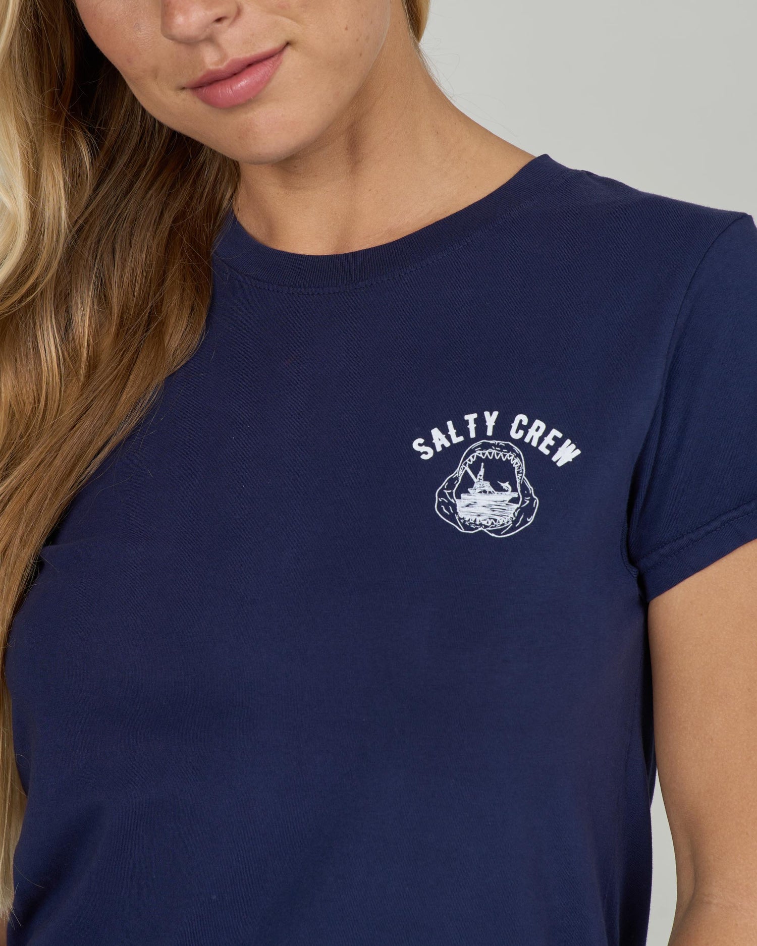 Close up front view of the Jawbone Modern Tee - Bright Navy. 