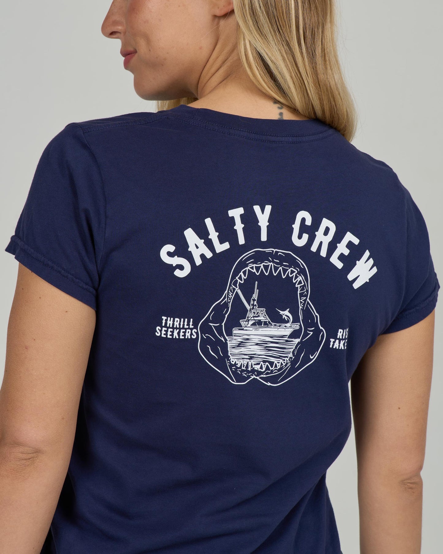 Close up back view of the Jawbone Modern Tee - Bright Navy. 