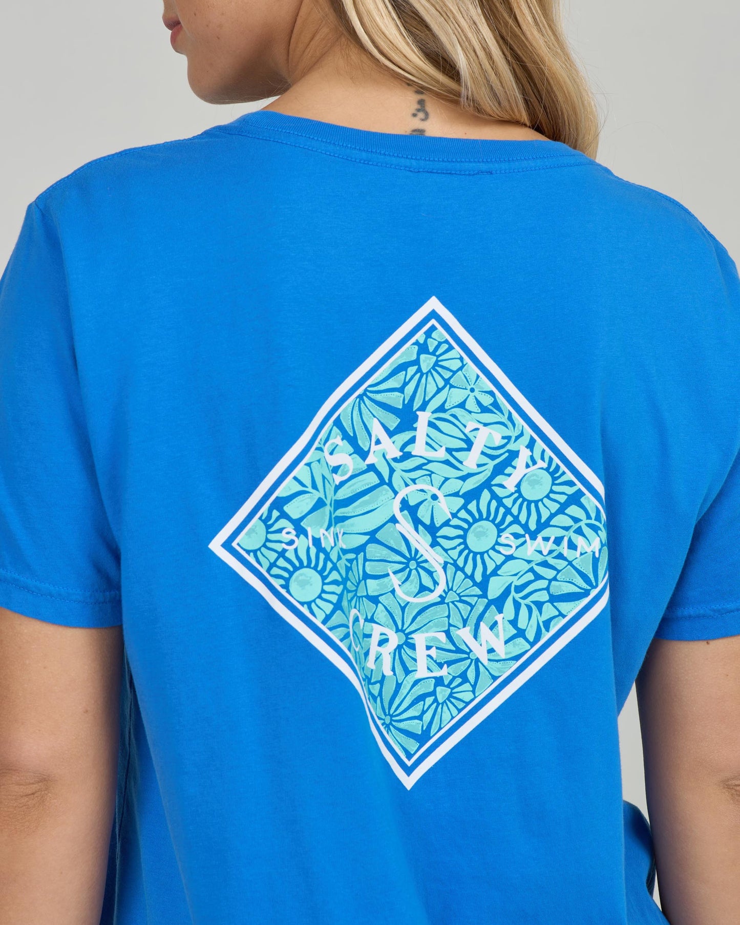 Close up back view of the Tippet Boyfriend Tee - Bold Blue. 