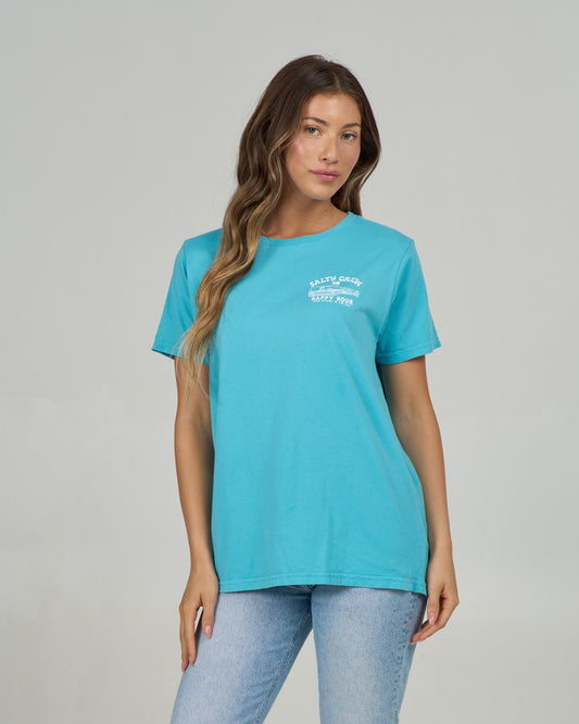 Front view of the Happy Hour Boyfriend Tee - Turquoise. 