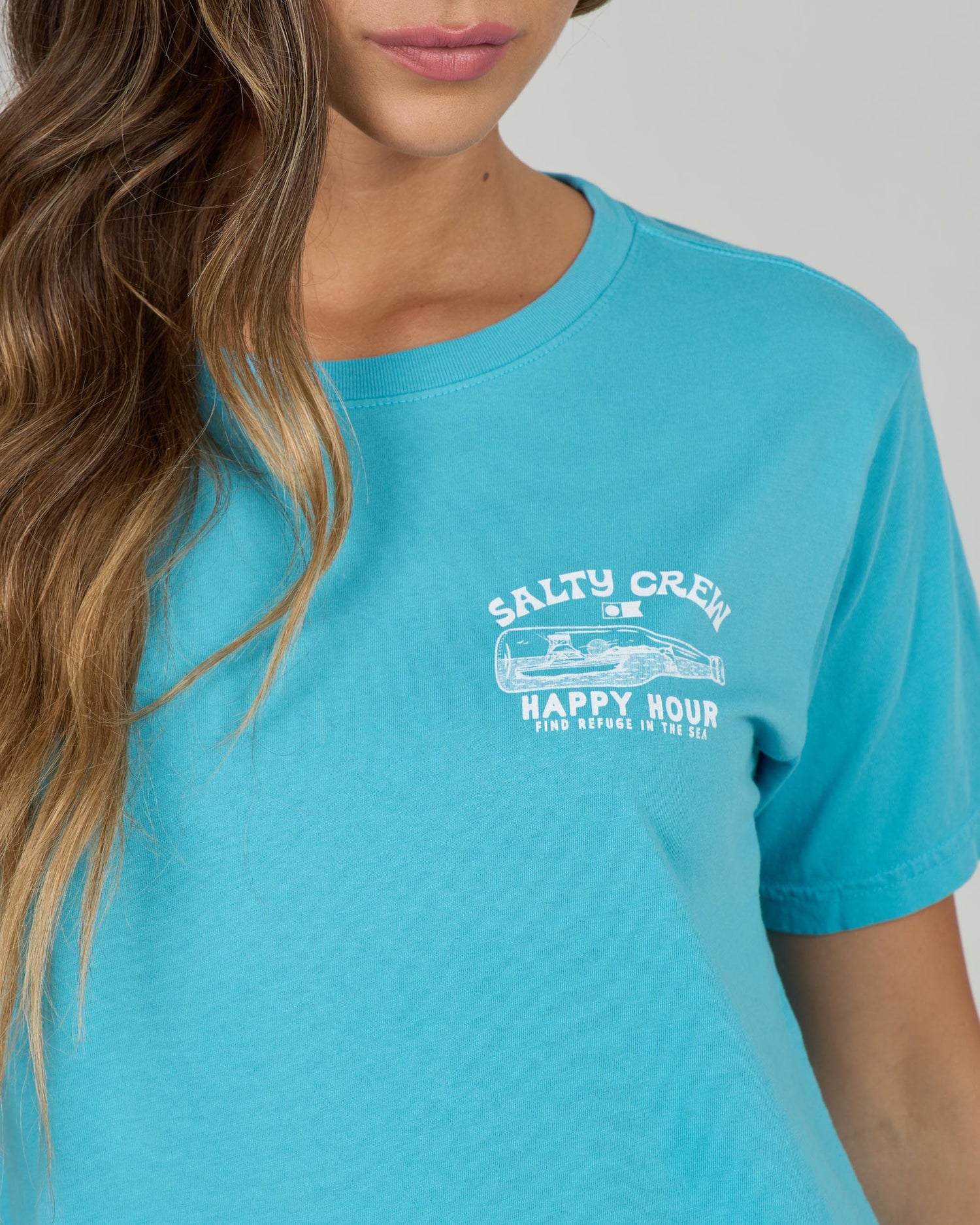 Close up front view of the Happy Hour Boyfriend Tee - Turquoise. 