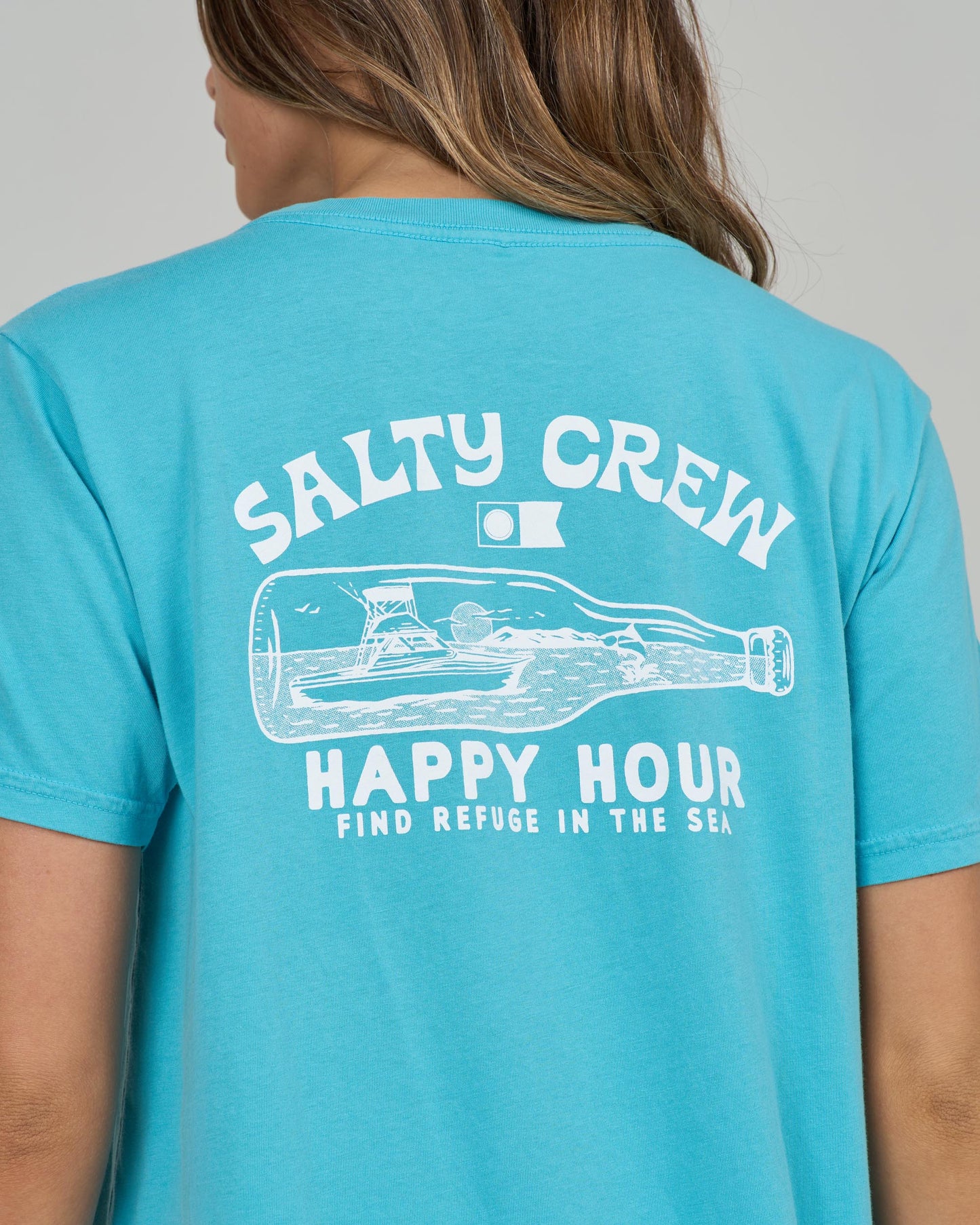 Close up back view of the Happy Hour Boyfriend Tee - Turquoise. 