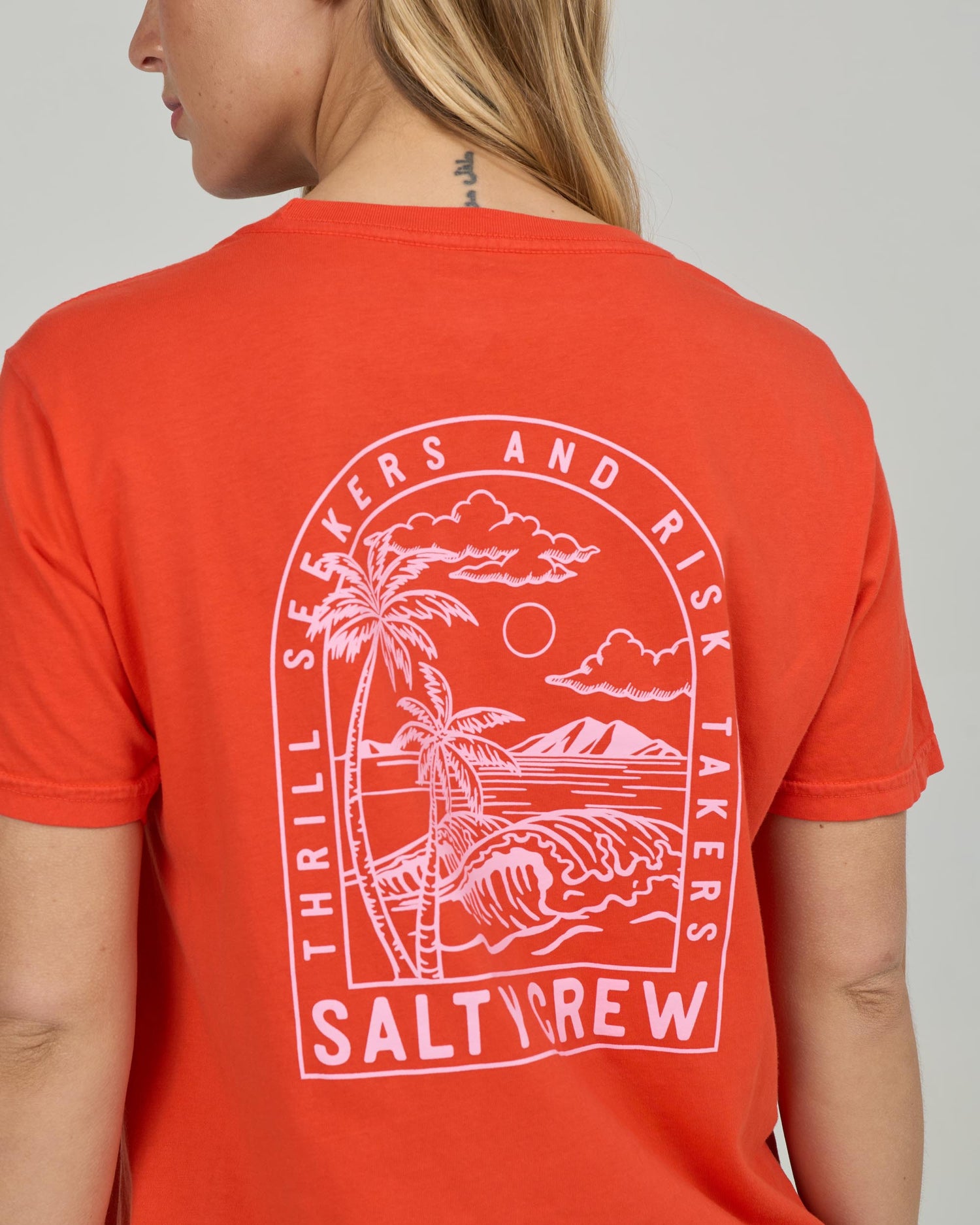 Close up back view of the Archway Boyfriend Tee - Chili Pepper. 