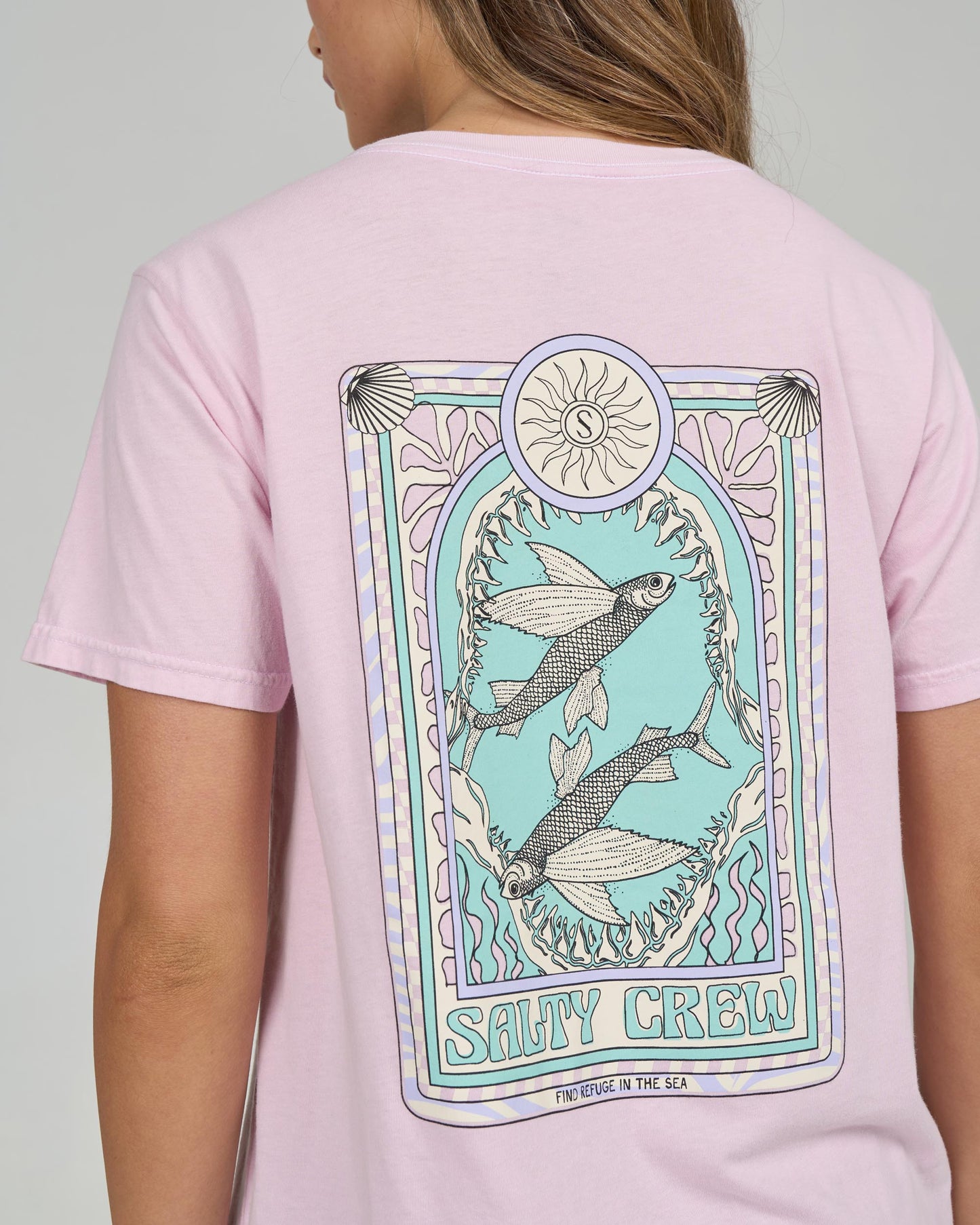 Close up back view of the Zodiac Boyfriend Tee - Pink Skies. 