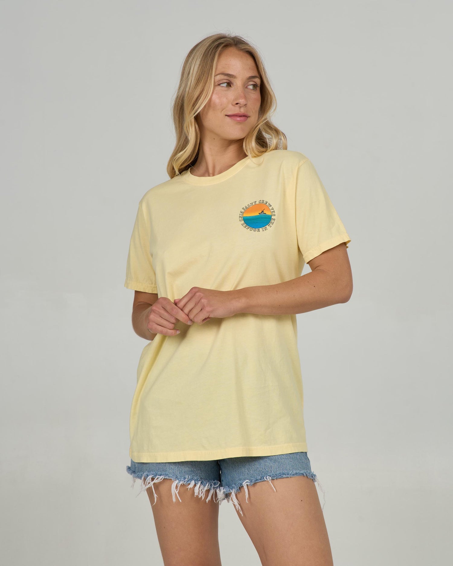 Front view of the Sunset Boyfriend Tee - Sunshine. 