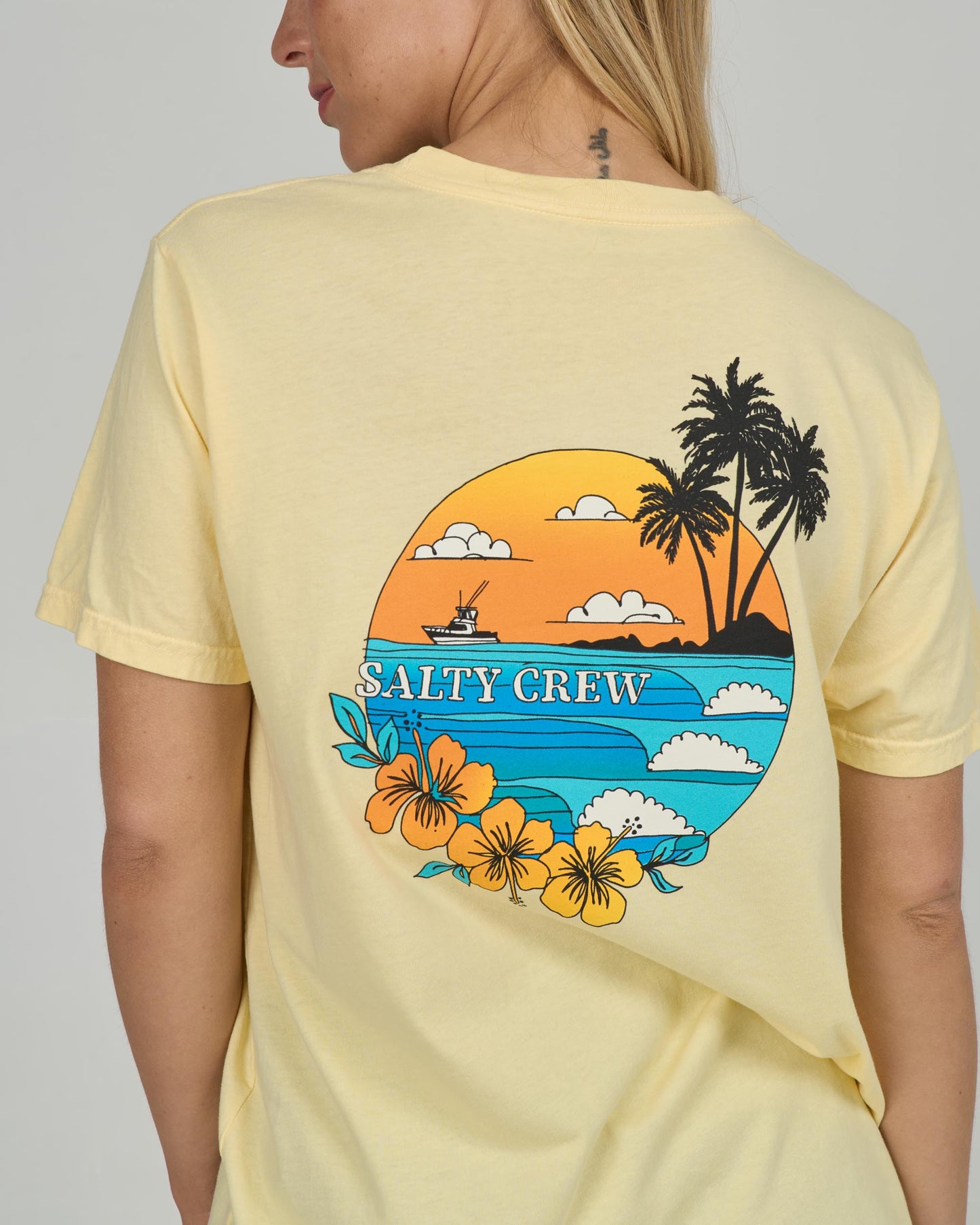Close up back view of the Sunset Boyfriend Tee - Sunshine. 