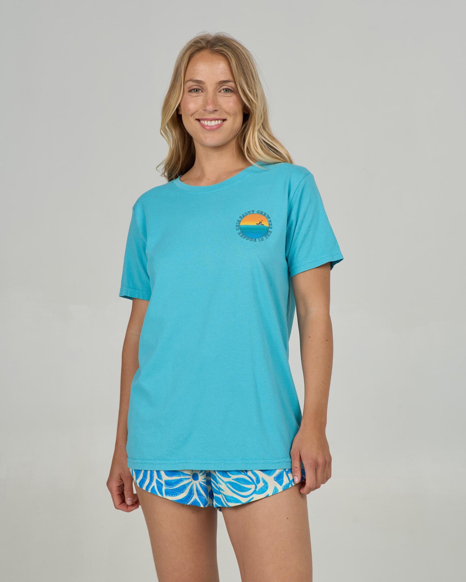Front view of the Sunset Boyfriend Tee - Turquoise. 
