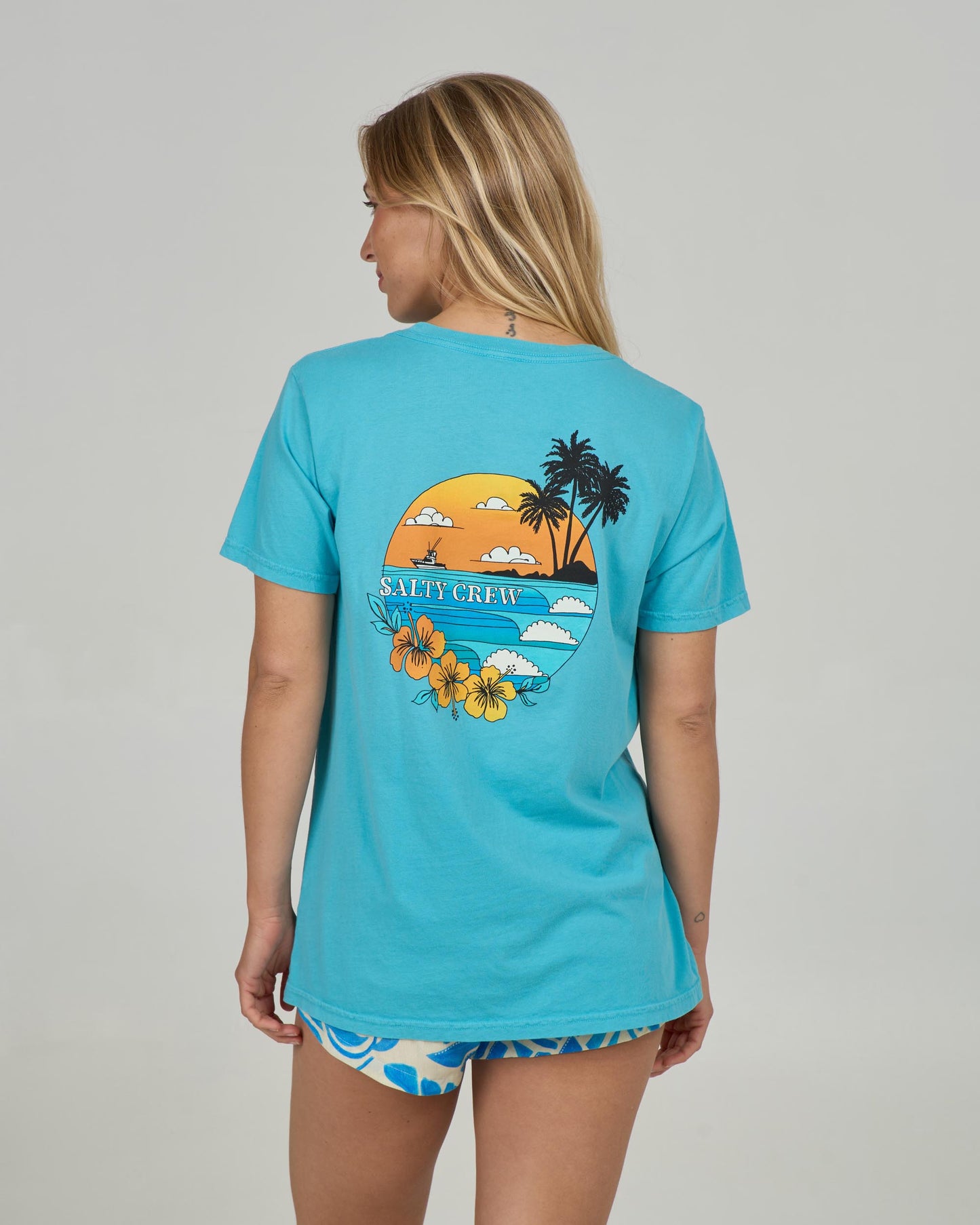 Back view of the Sunset Boyfriend Tee - Turquoise. 