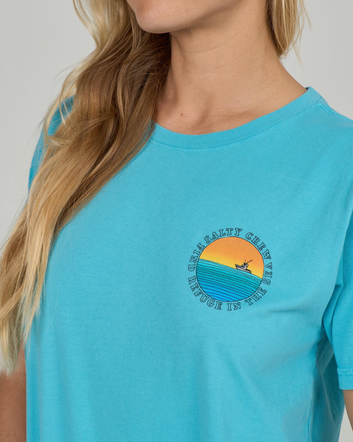 Close up front view of the Sunset Boyfriend Tee - Turquoise. 