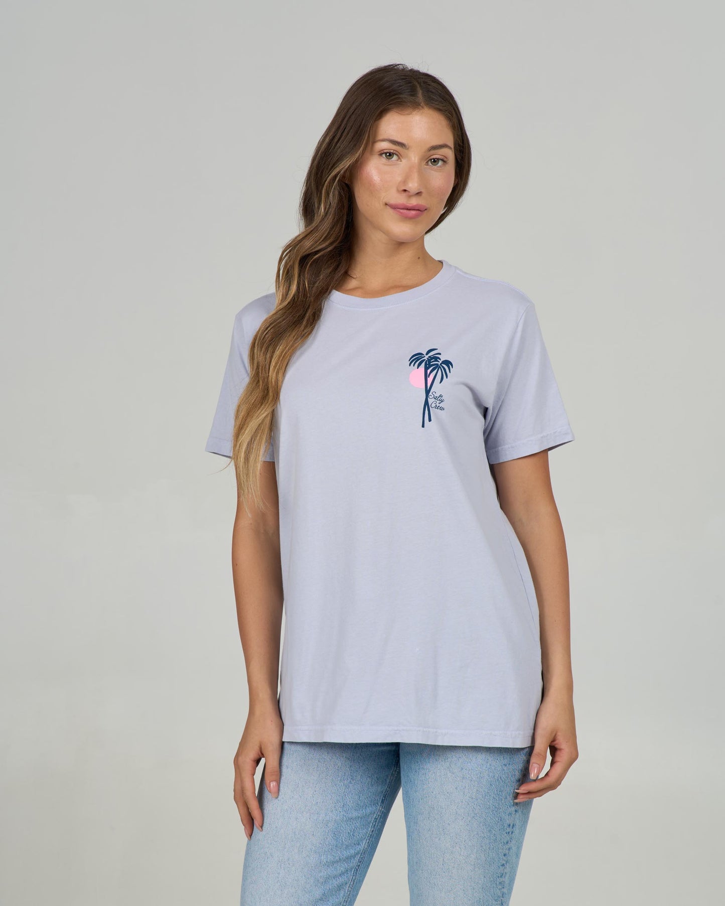 Front view of the Geo Palm Boyfriend Tee - Fog. 