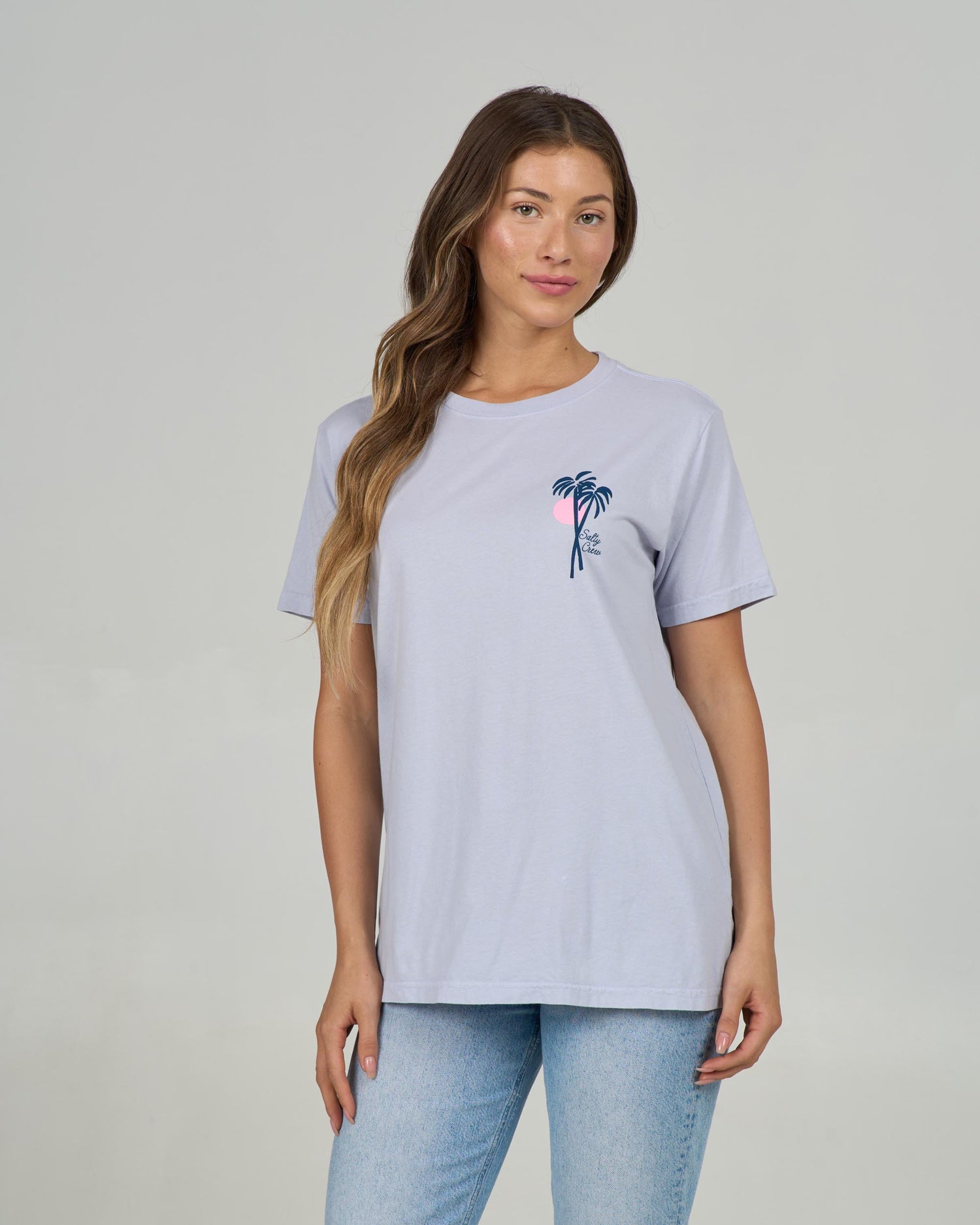 Front view of the Geo Palm Boyfriend Tee - Fog. 