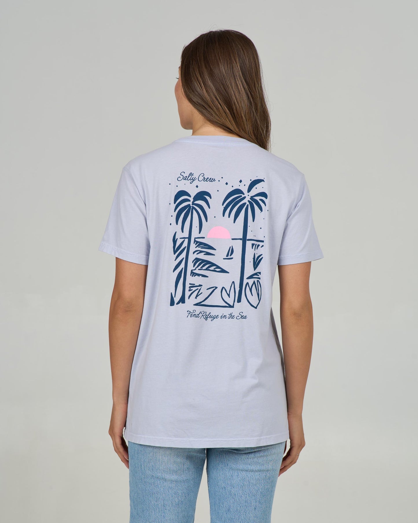 Back view of the Geo Palm Boyfriend Tee - Fog. 