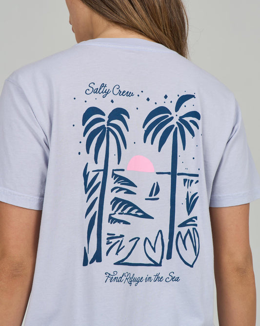 Close up back view of the Geo Palm Boyfriend Tee - Fog. 
