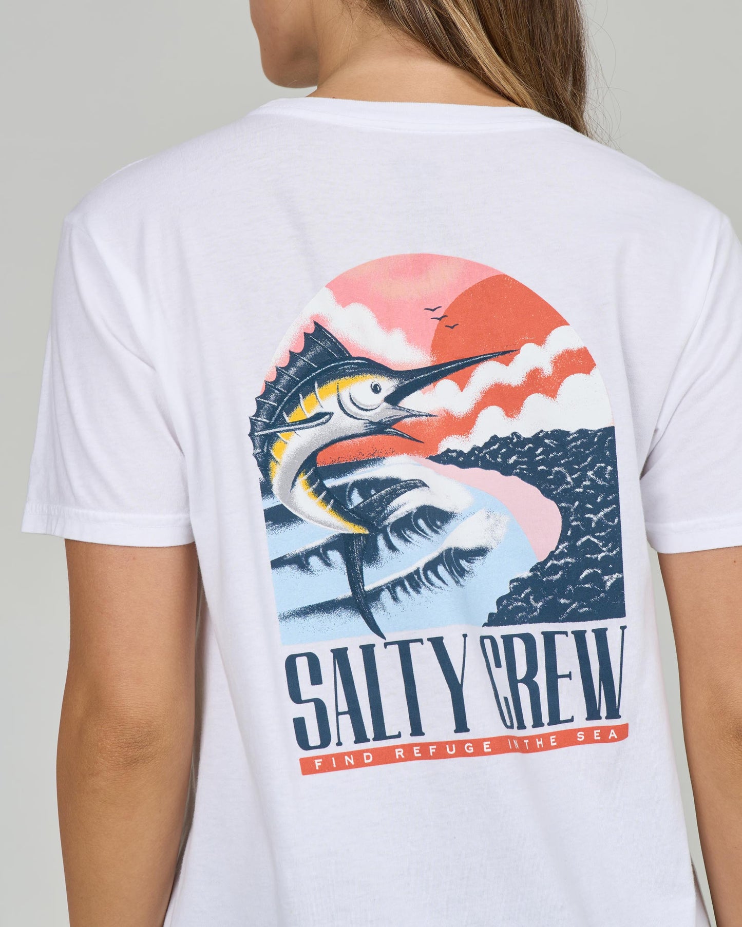 Close up back view of the Marlin Paradise Boyfriend Tee - White. 