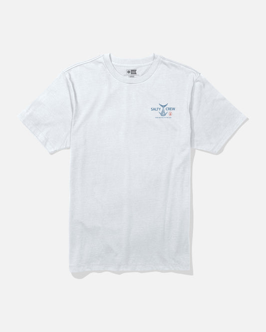 White t-shirt with a logo on the chest against a white background