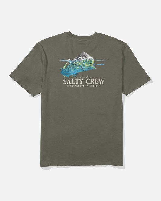 The Mahi Surface Classic Tee in Dusty Olive is a soft spun cotton shirt with a screenprinted fish swimming underwater, mountains and waves above, and "Salty Crew Find Refuge in the Sea" text below.