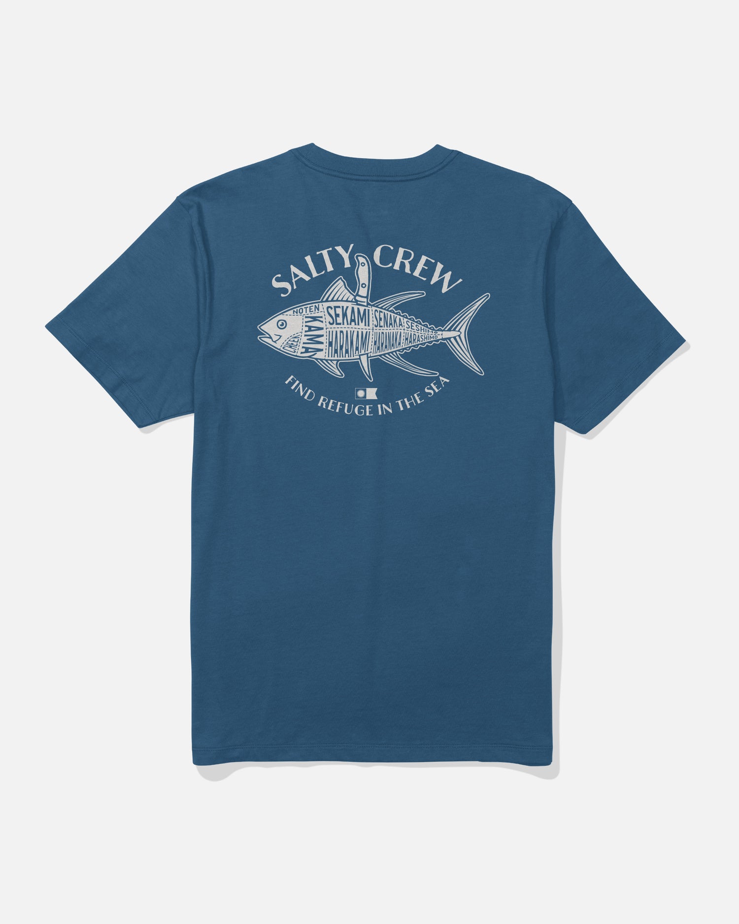 Back view of the Omakase Tee - Cast Blue. 