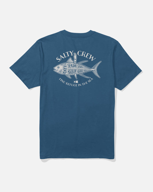 Back view of the Omakase Tee - Cast Blue. 