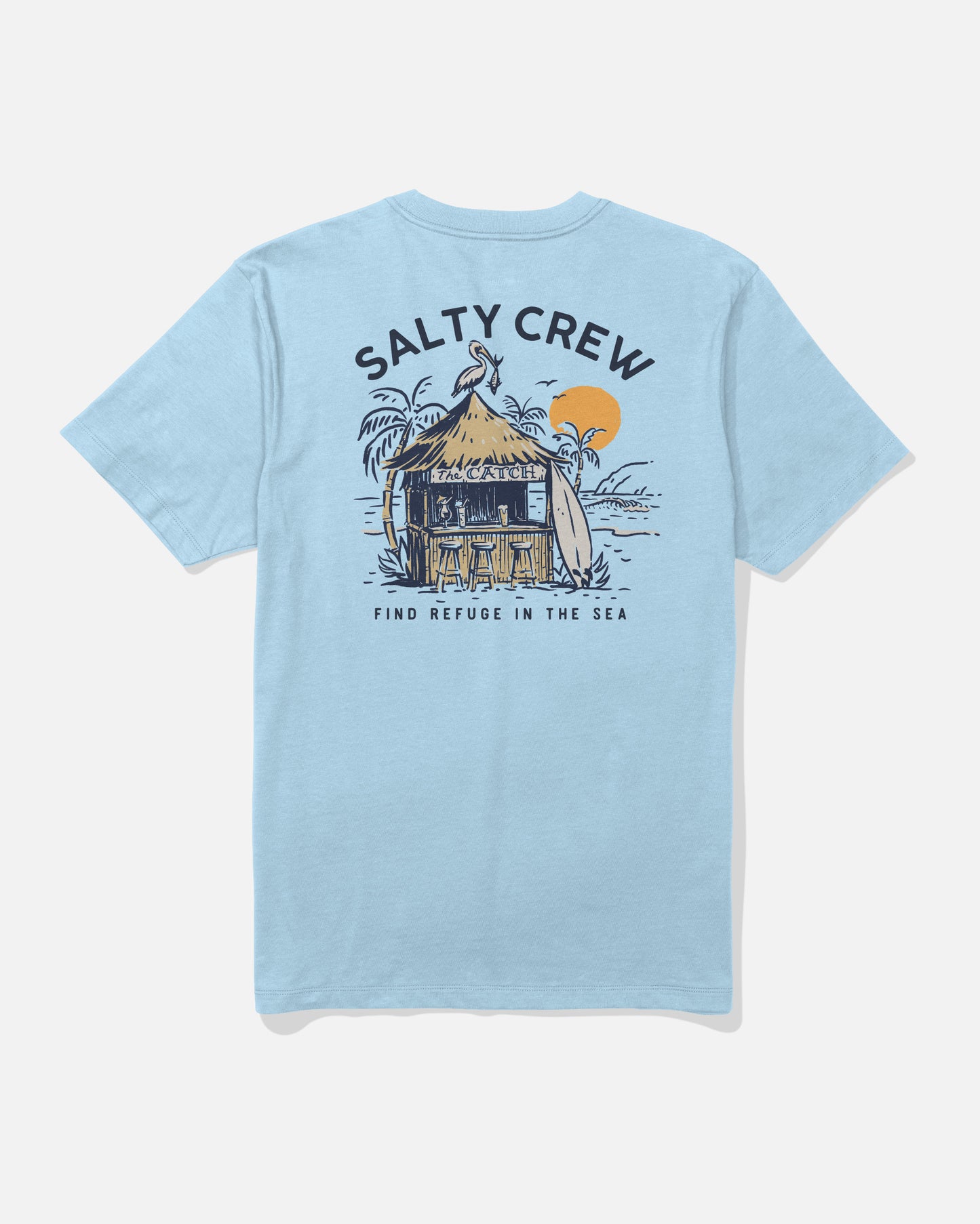 Back view of The Catch Tee - Clear Sky. 