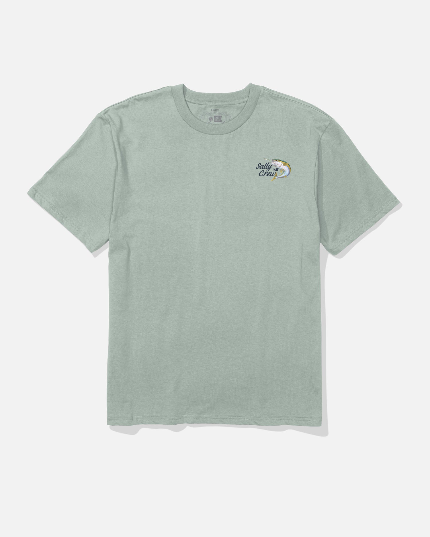 Aqua grey short-sleeve t-shirt, made from 100% cotton, featuring a small “Salty Crew” text and a screenprinted Yellowtail Original graphic on the upper left chest area. The shirt is laid flat on a white background.