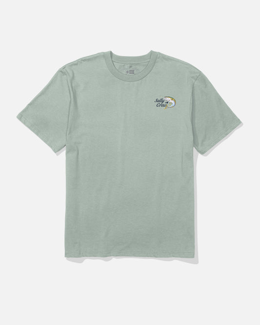 Aqua grey short-sleeve t-shirt, made from 100% cotton, featuring a small “Salty Crew” text and a screenprinted Yellowtail Original graphic on the upper left chest area. The shirt is laid flat on a white background.