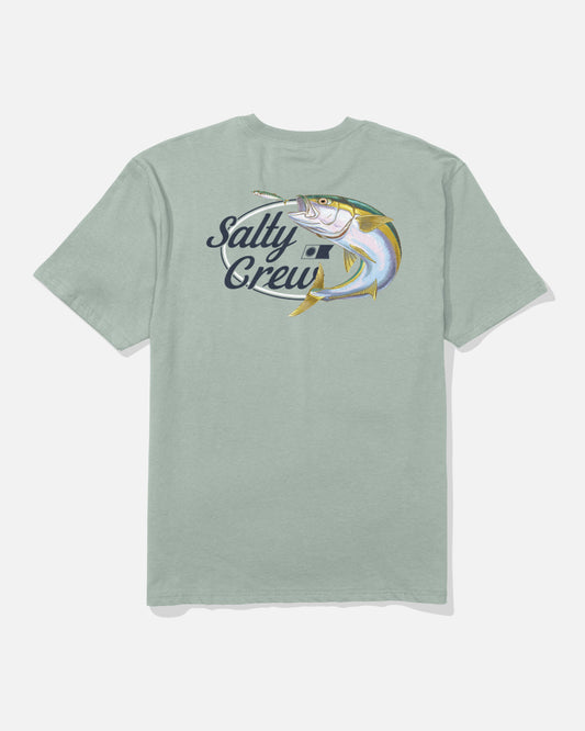 Aqua grey “Yellowtail Original Tee” by Salty Crew, crafted from 100% cotton for a soft spun feel. The back features a screenprinted fish graphic with “Salty Crew” in large script.