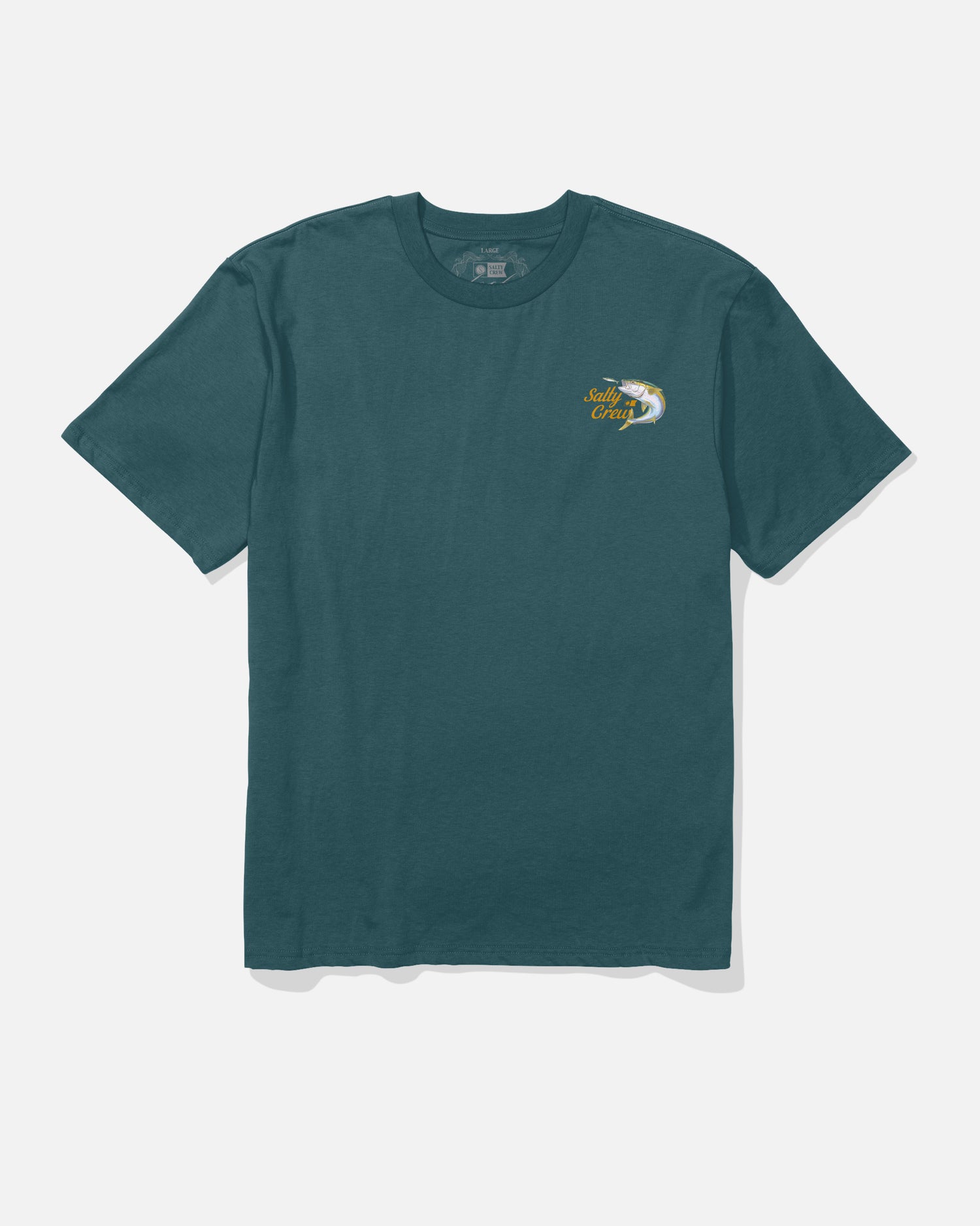 The Salty Crew Yellowtail Original Tee in Atlantic Blue is a soft spun, 100% cotton short-sleeve t-shirt. It features a small screenprinted graphic of a fish and the words “Stay Crispy” on the left chest. The shirt is displayed laid flat on a white background.