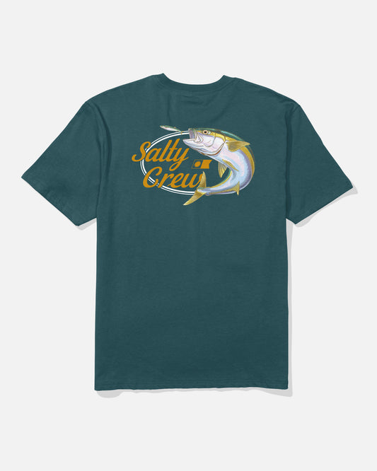 The Salty Crew Yellowtail Original Tee in Atlantic Blue is a soft, 100% cotton T-shirt featuring a large screenprinted graphic of a fish and the words “Salty Crew” in yellow on the back.