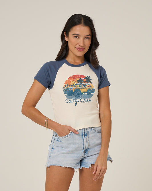 Front view of the Drive To The Sea Raglan Tee - Indigo. 