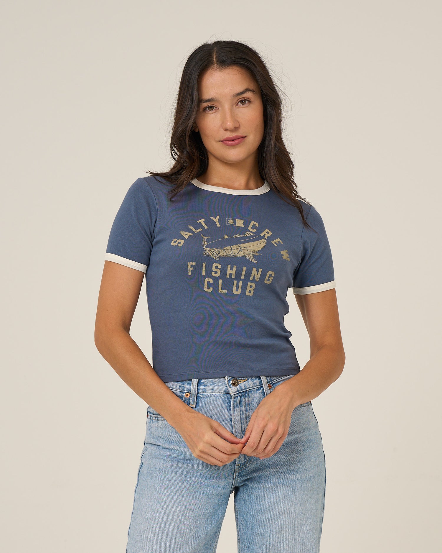 Front view of the Fishing Club Ringer Tee - Indigo. 
