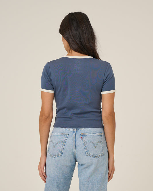 Back view of the Fishing Club Ringer Tee - Indigo. 