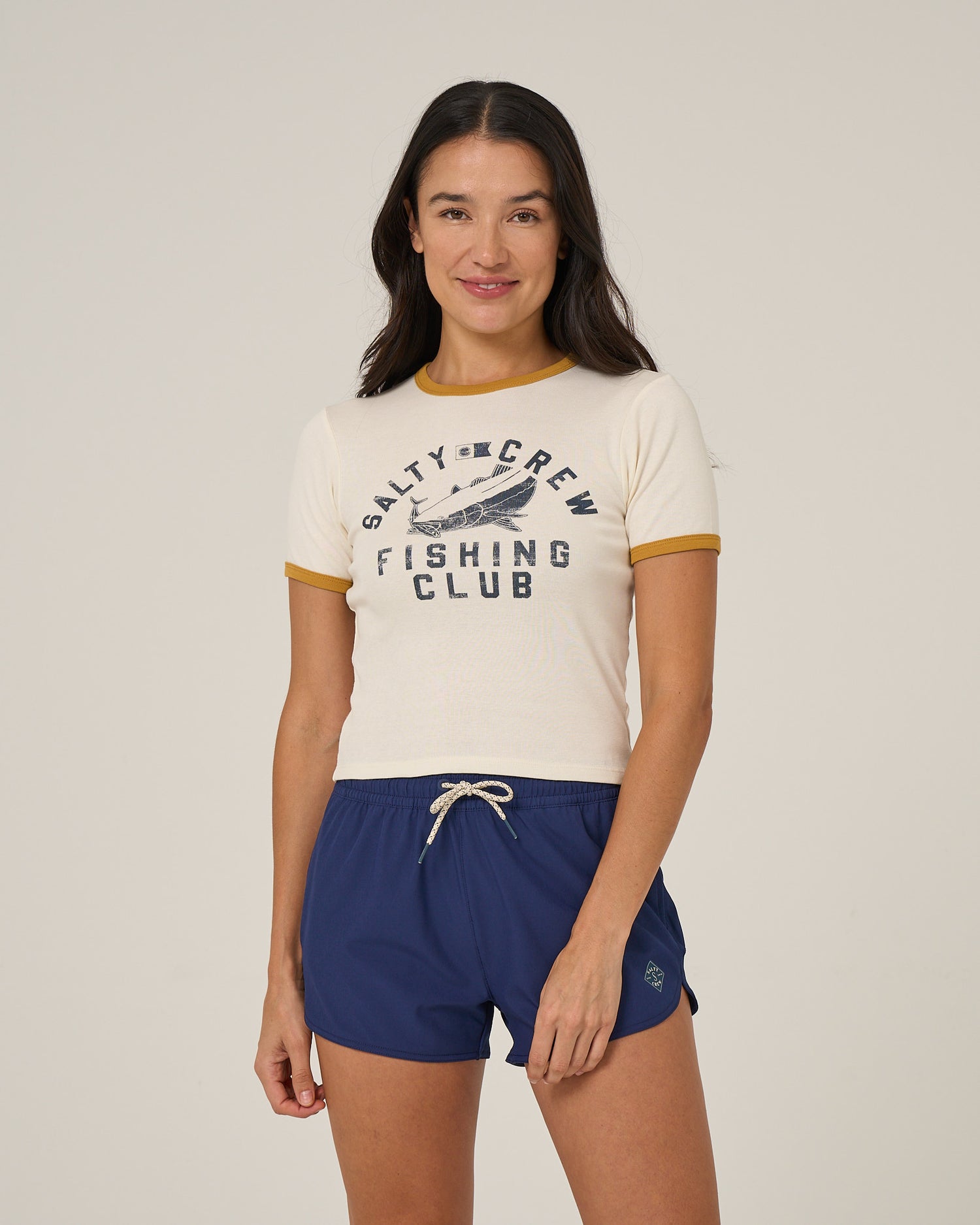 Front view of the Fishing Club Ringer Tee - Off White. 