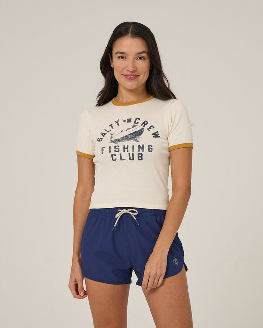 Front view of the Fishing Club Ringer Tee - Off White. 