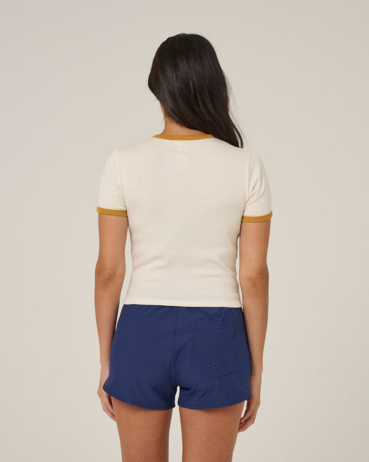 Back view of the Fishing Club Ringer Tee - Off White. 