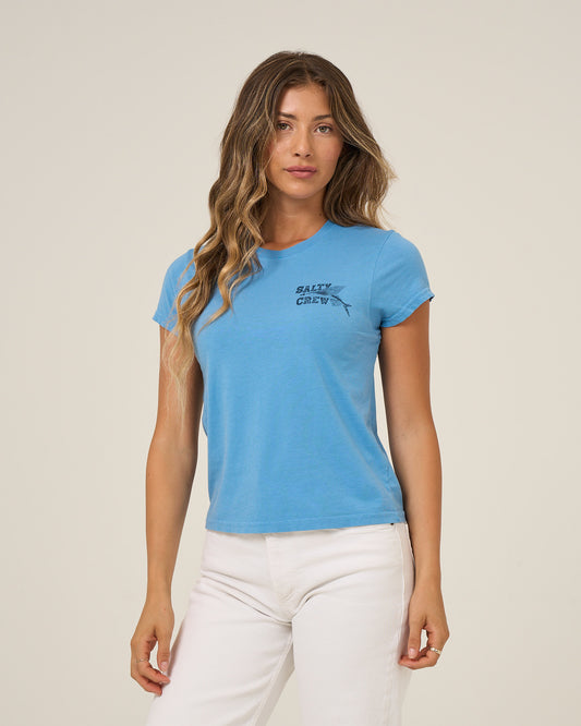 Front view of the Flyer Modern Tee - Ash Blue. 