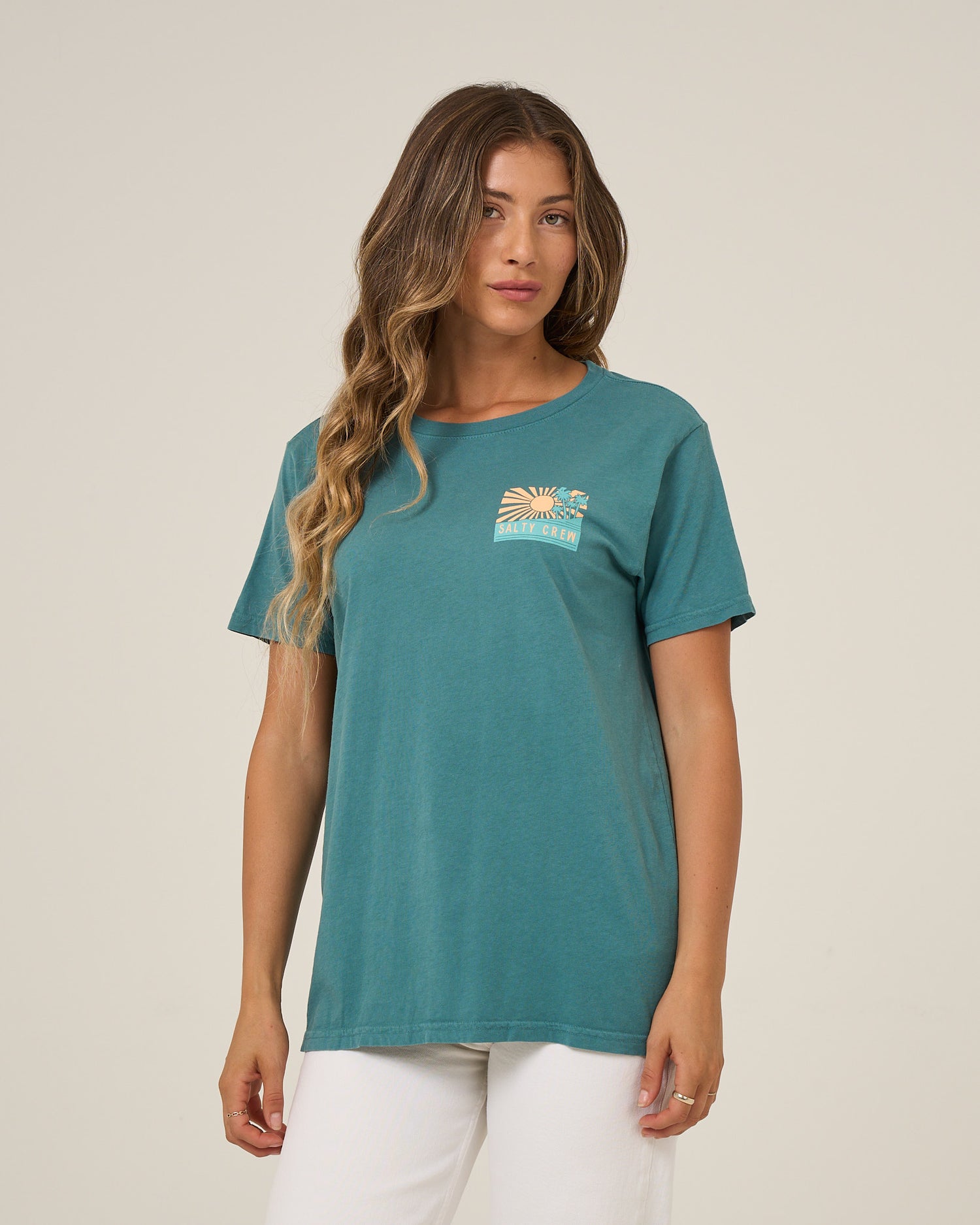 Front view of the Rise And Smile Boyfriend Tee - Teal. 