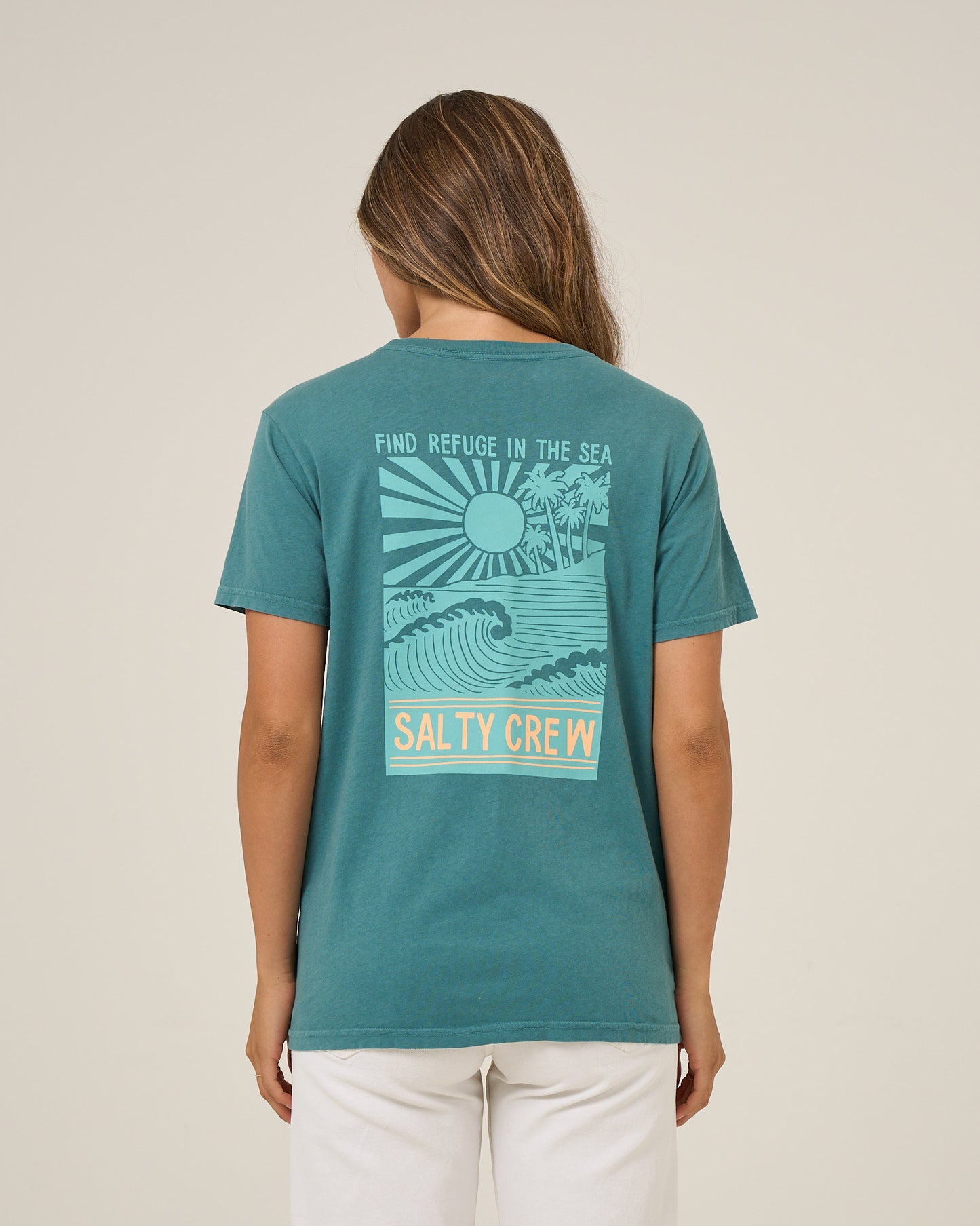 Back view of the Rise And Smile Boyfriend Tee - Teal. 