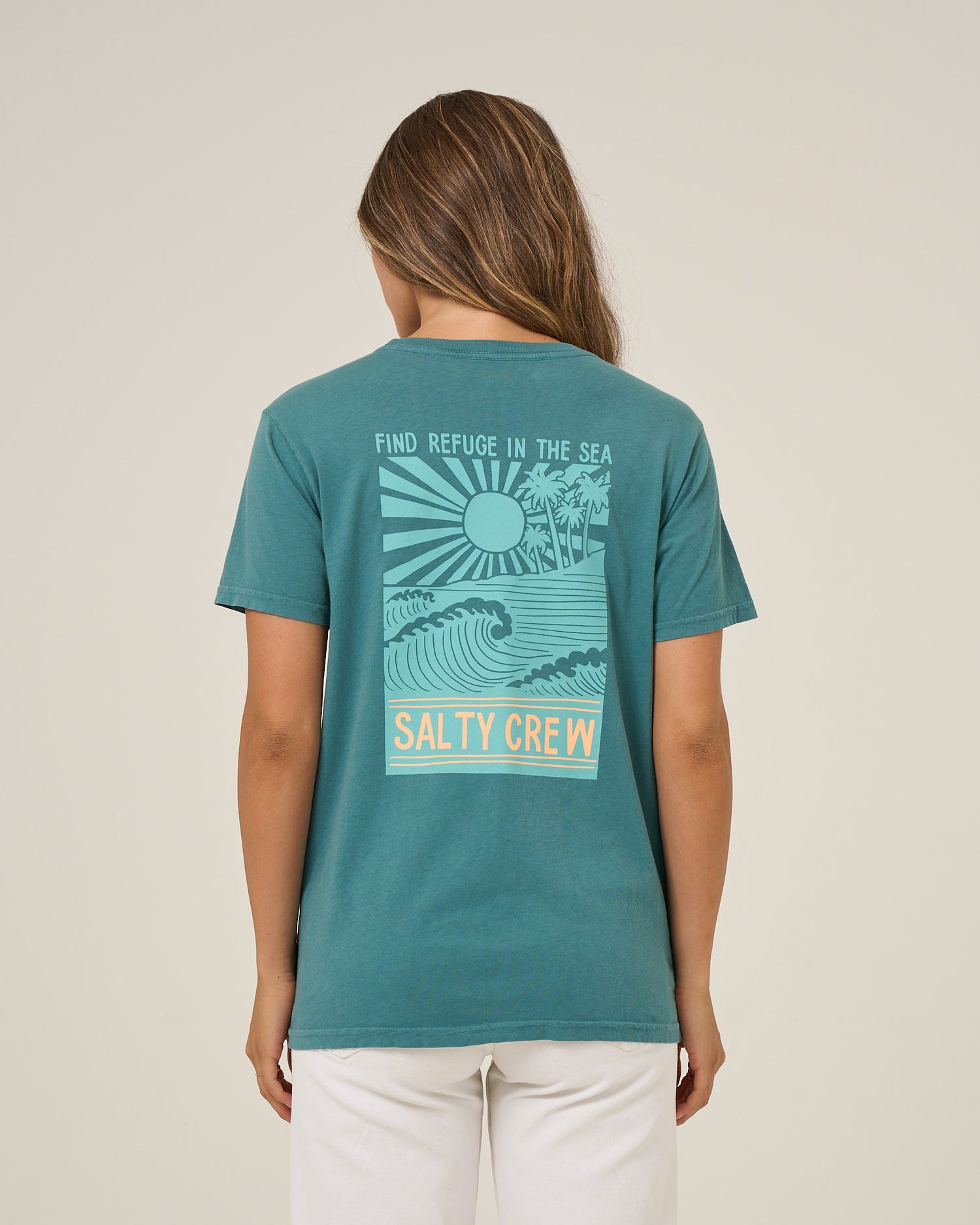 Back view of the Rise And Smile Boyfriend Tee - Teal. 