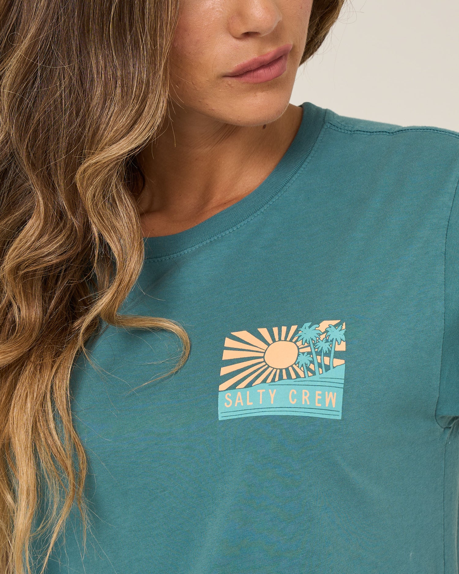 Detail front view of the Rise And Smile Boyfriend Tee - Teal. 