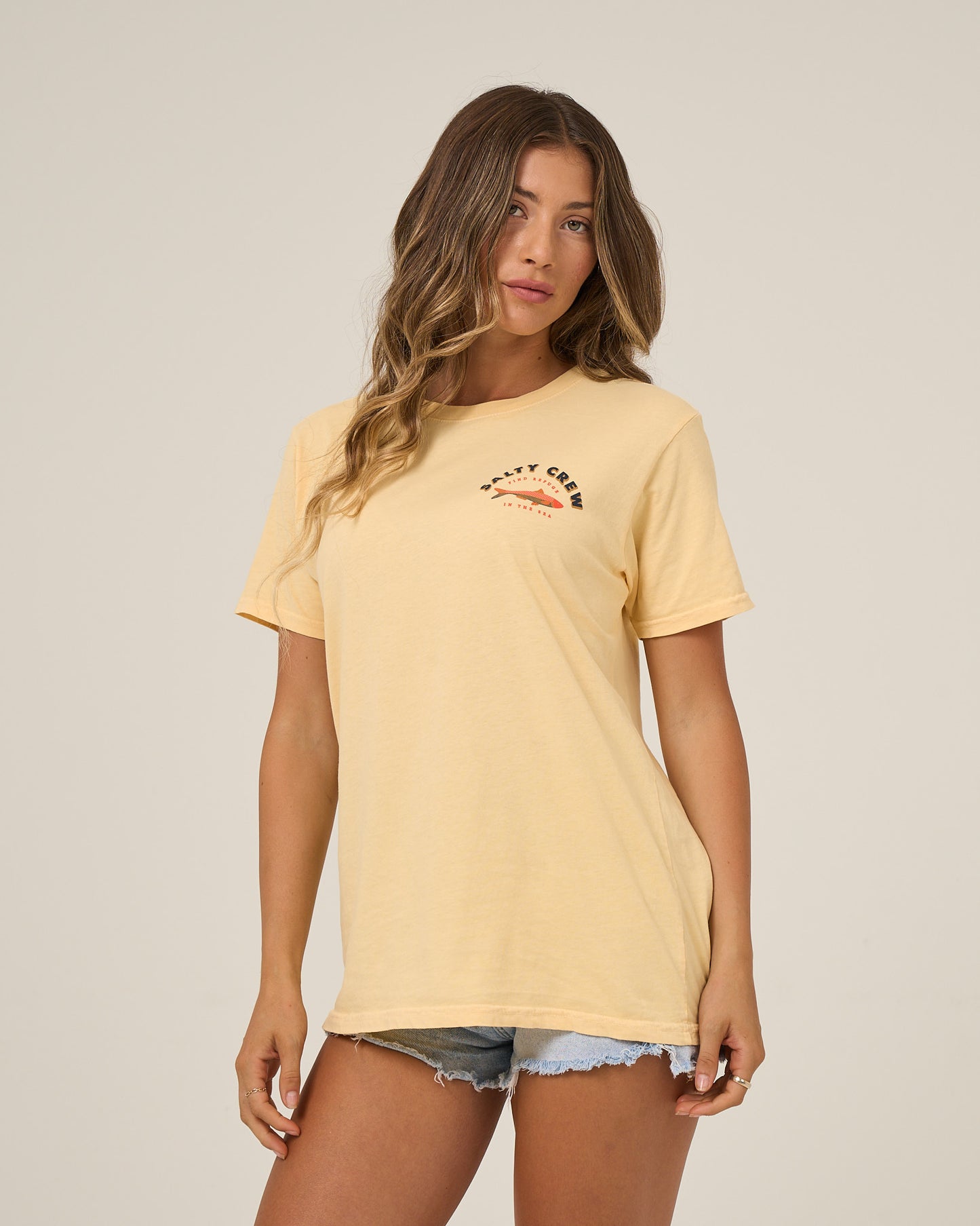 Front view of the Salty Sardine Boyfriend Tee - Custard. 