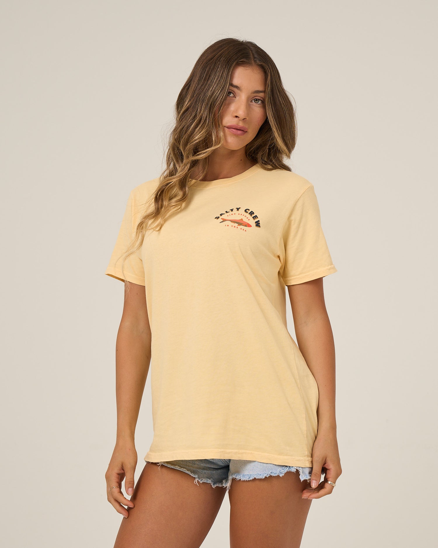 Front view of the Salty Sardine Boyfriend Tee - Custard. 