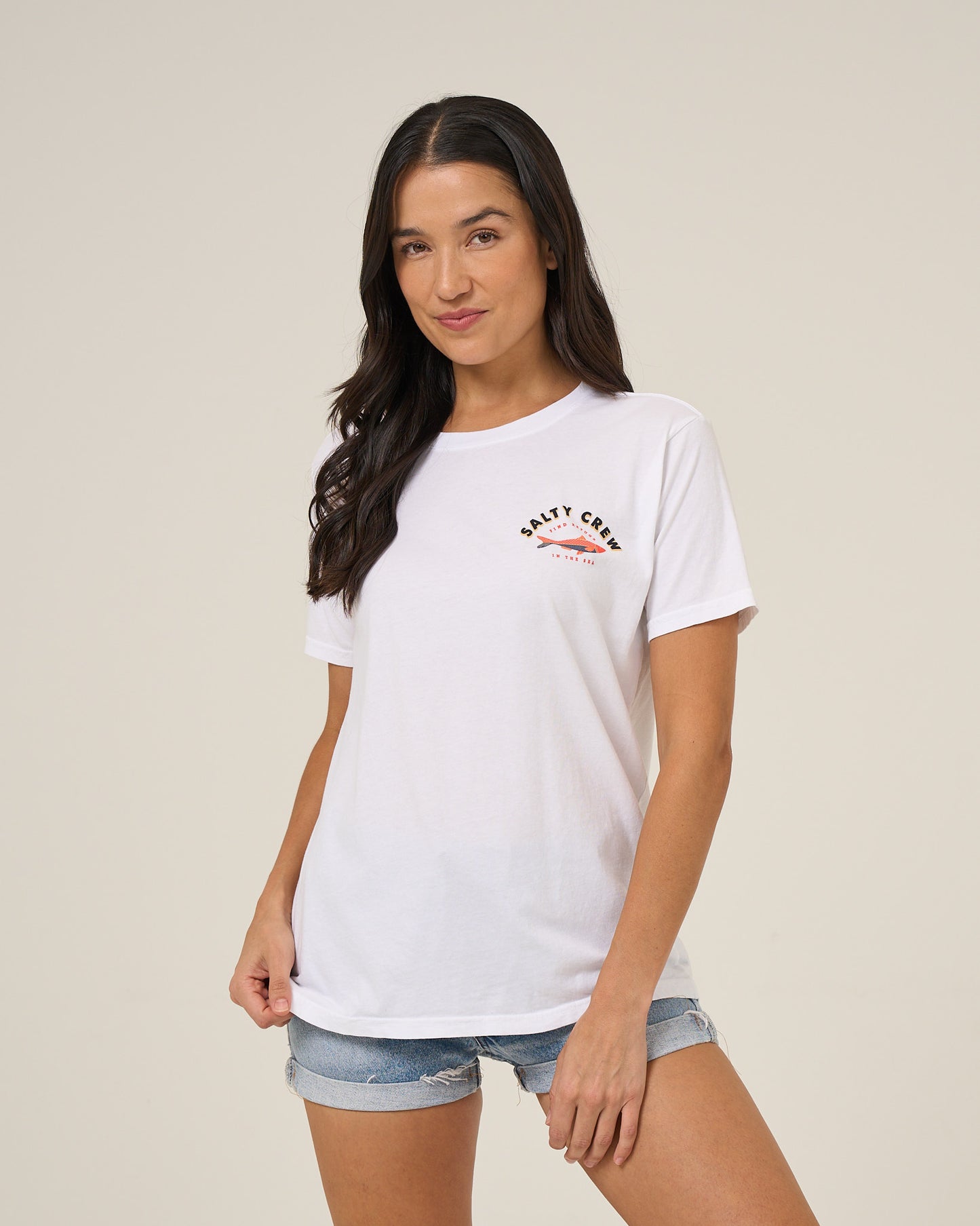 Front view of the Salty Sardine Boyfriend Tee - White. 