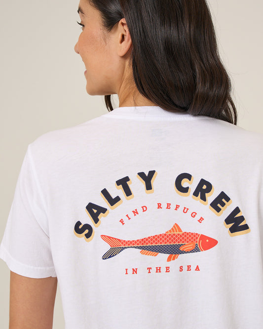 Detail back view of the Salty Sardine Boyfriend Tee - White. 
