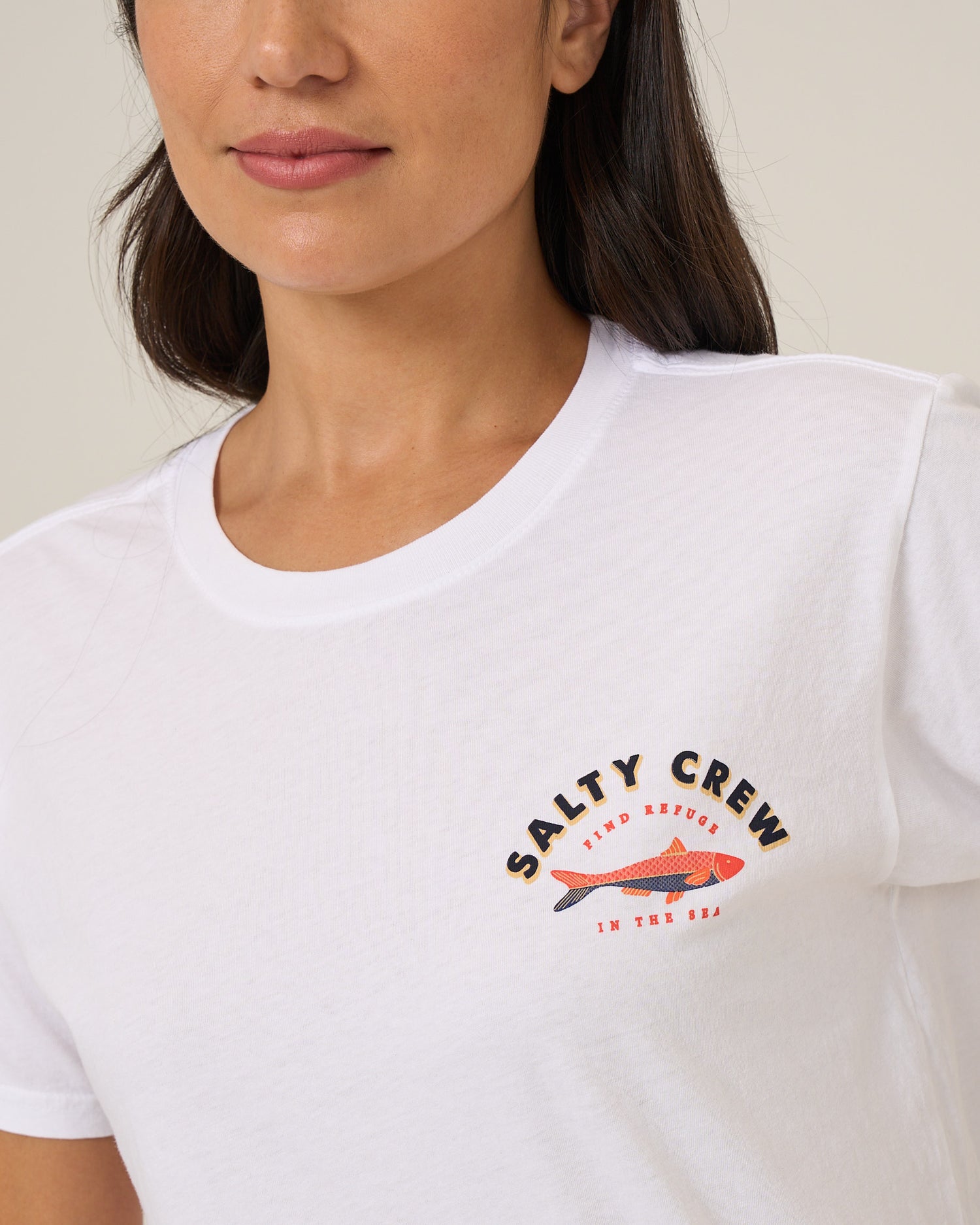 Detail front view of the Salty Sardine Boyfriend Tee - White. 
